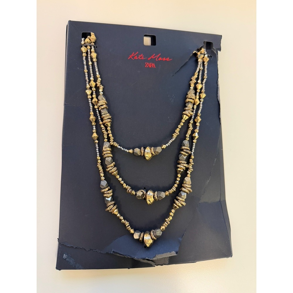 Zara X Kate Moss 3 Layered Gold Rock Festival Necklace Bohemian Beaded Hippie